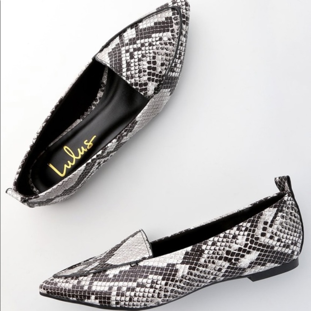 Lulu's Black & White Snakeskin Pointed Toe Slip-On Flats